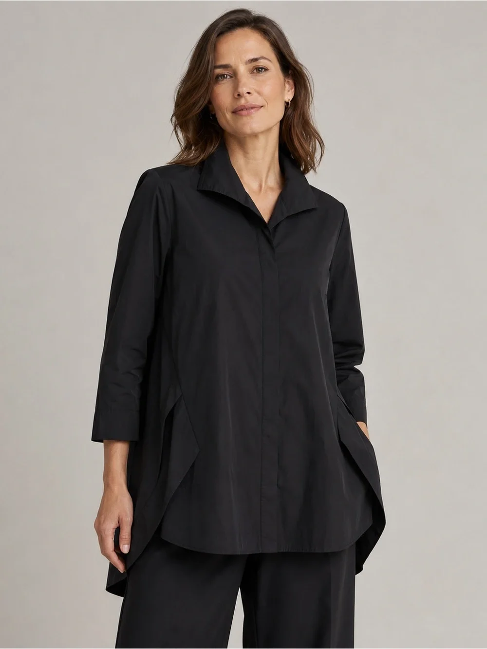 Lafayette 148 New York Black Tunic Blouse Hidden Placket Architectural Top SZ L - Picture 4 of 6